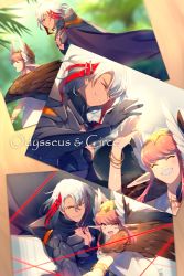 Rule 34 | 1boy, 1girl, armor, blush, body armor, bracelet, cape, character name, circe (fate), cleavage cutout, closed mouth, clothing cutout, commentary request, dress, echo (circa), closed eyes, fate/grand order, fate (series), feathered wings, hair between eyes, hair ornament, hairclip, head wings, jewelry, long hair, looking at viewer, multicolored hair, necklace, odysseus (fate), open mouth, photo (object), pink eyes, pink hair, pointy ears, red hair, smile, streaked hair, teeth, twitter username, two-tone hair, white dress, white hair, wings, yellow eyes