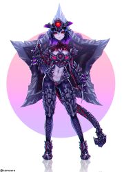 Rule 34 | 1girl, absurdres, black hair, black sclera, colored sclera, contrapposto, full body, gradient hair, highres, looking at viewer, monster girl, multicolored hair, navel, personification, phantasy star, phantasy star online 2, purple hair, red eyes, reflection, samael (5211), short hair, solo, standing, tail, two-tone hair