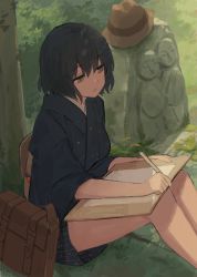Rule 34 | 1girl, bad link, black hair, black kimono, board, brown bag, brown eyes, brown hat, chorefuji, closed mouth, commentary request, day, from side, grass, hair between eyes, hat, highres, holding, japanese clothes, kimono, moss, original, outdoors, paper, short hair, sitting, sleeves past elbows, solo, tree, unworn hat, unworn headwear