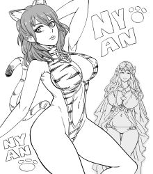 Rule 34 | 2girls, absurdres, alternate costume, animal ears, bb (baalbuddy), bikini, breasts, byleth (female) (fire emblem), byleth (fire emblem), cat tail, cleavage, clothing cutout, english text, fake animal ears, female focus, fire emblem, fire emblem: three houses, greyscale, highleg, highleg leotard, highres, large breasts, leotard, long hair, medium hair, monochrome, multiple girls, navel, nintendo, nyan, official alternate costume, paw print, revealing clothes, rhea (fire emblem), simple background, stomach, stomach cutout, swimsuit, tail, thighs, white background