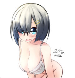 Rule 34 | 10s, 1girl, 2015, bad id, bad pixiv id, bespectacled, blue eyes, blush, bottomless, bra, breasts, cleavage, collarbone, dated, female focus, frilled bra, frills, glasses, hair ornament, hairclip, hamakaze (kancolle), hanging breasts, kantai collection, large breasts, leaning forward, looking at viewer, nekobaka, no panties, open mouth, short hair, simple background, sketch, solo, strap gap, twitter username, underwear, underwear only, upper body, white background, white bra, white hair