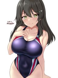 Rule 34 | 1girl, black hair, blush, breasts, cleavage, collarbone, competition swimsuit, covered navel, dated, hair ornament, hairclip, highres, kantai collection, large breasts, long hair, montemasa, one-piece swimsuit, oyashio (kancolle), purple one-piece swimsuit, signature, simple background, solo, swimsuit, twitter username, two-tone swimsuit, white background