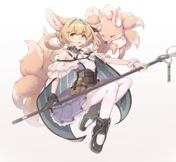 Rule 34 | 1girl, animal, animal ears, arknights, bare shoulders, black collar, black footwear, black gloves, blonde hair, blue dress, blue hairband, blush, braid, brown bag, collar, dress, earpiece, fox, fox ears, fox girl, fox tail, full body, gloves, green eyes, hairband, highres, holding, holding staff, hoshimiya kanata, id card, infection monitor (arknights), kitsune, looking at viewer, material growth, multicolored hair, multiple tails, open mouth, oripathy lesion (arknights), pantyhose, pouch, shoes, short hair, sidelocks, simple background, single glove, solo, staff, streaked hair, suzuran (arknights), tactical clothes, tail, vest, white background, white hair, white pantyhose