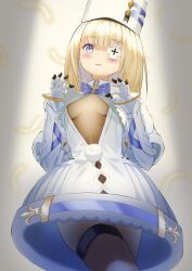 Rule 34 | 1girl, :3, armor, azur lane, blonde hair, blue bow, blue bowtie, blunt bangs, blush, bow, bowtie, breasts, breasts apart, capelet lift, center opening, clothes lift, clothing cutout, coat, cowboy shot, cross, dress, eyepatch, feathers, from below, fur hat, gauntlets, gold trim, hair between eyes, hands up, hat, highres, kepi, le terrible (azur lane), lifted by self, long sleeves, looking at viewer, medium hair, military hat, mole, one eye covered, parted lips, purple eyes, simple background, skindentation, small breasts, smile, solo, spotlight, standing, thigh strap, thighs, vambraces, white background, white dress, white hat, yorumon