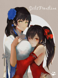 Rule 34 | 2girls, absurdres, baboon (artist), beige background, between breasts, bow, breast hold, breasts, bridal gauntlets, brown hair, china dress, chinese clothes, closed mouth, copyright name, detached sleeves, dress, earrings, flower, girls&#039; frontline, green eyes, hair bow, hair flower, hair ornament, head between breasts, high ponytail, highres, hug, huge breasts, jewelry, knot, mole, mole under eye, multiple girls, official alternate costume, one eye closed, panties, paw print, red bow, red dress, red eyes, side-tie panties, size difference, sleeveless, sleeveless dress, stud earrings, texture, type 95 (girls&#039; frontline), type 95 (narcissus) (girls&#039; frontline), type 97 (girls&#039; frontline), type 97 (peony) (girls&#039; frontline), underwear, white background, yuri