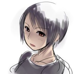 Rule 34 | 1girl, aaaa (quad-a), bad id, bad pixiv id, black shirt, blouse, brown eyes, portrait, shirt, short hair, simple background, solo, tagme, white background