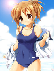 Rule 34 | 1girl, blush, breasts, brown eyes, brown hair, cloud, day, female focus, one-piece swimsuit, original, outdoors, ponytail, ruo (cruzada), school swimsuit, school uniform, serafuku, short hair, sky, smile, solo, sun, swimsuit, swimsuit under clothes, undressing