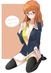 Rule 34 | 10s, 1girl, 2017, absurdres, bespectacled, bikini, bikini under clothes, black thighhighs, blunt bangs, clothes lift, dated, girls und panzer, glasses, highres, irukatto, kneeling, long hair, looking at viewer, open clothes, orange eyes, orange hair, pleated skirt, skirt, skirt lift, smile, solo, swimsuit, swimsuit under clothes, takebe saori, thighhighs, twitter username, uniform, white skirt, yellow bikini