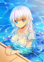 Rule 34 | 1girl, blue eyes, blunt ends, blush, breasts, cleavage cutout, clothing cutout, collarbone, dress, expressionless, eyelashes, eyes visible through hair, floating hair, frilled dress, frilled sleeves, frills, hair between eyes, hair ornament, hairclip, highres, lliissaawwuu2, long hair, looking at viewer, medium breasts, naruse shiroha, own hands together, parted lips, partially submerged, pool, poolside, red ribbon, ribbon, see-through, see-through dress, short sleeves, sidelocks, solo, summer pockets, very long hair, water, water drop, wet, wet clothes, wet dress, white dress, white hair