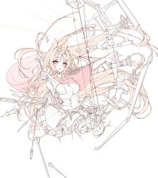 Rule 34 | 1girl, absurdres, animal ears, archetto (arknights), arknights, blue eyes, bow (weapon), breasts, brown hair, capelet, compound bow, cowboy shot, cropped legs, drawing arrow, dress, floating hair, gloves, heterochromia, highres, holding, holding bow (weapon), holding weapon, large breasts, lilac (k32420276), long hair, looking at viewer, open mouth, quiver, red capelet, red eyes, simple background, solo, unfinished, very long hair, weapon, white background