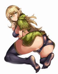 Rule 34 | 1girl, ankoku broccoli, ass, blonde hair, blush, bra, breasts, cameltoe, elf, from behind, green eyes, highres, hood, kneeling, large breasts, long hair, looking at viewer, original, panties, pointy ears, shiny clothes, shiny skin, sideboob, skirt, smile, solo, thighhighs, underwear, upskirt