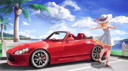 Rule 34 | 1girl, beach, blonde hair, braid, brown footwear, car, cloud, day, dress, funyariko, hat, highres, honda, honda s2000, motor vehicle, original, outdoors, outstretched arms, palm tree, railing, right-hand drive, shadow, shoes, sky, sleeveless, sleeveless dress, solo, spread arms, sun hat, sundress, tree, vehicle focus, water, white dress, white hat