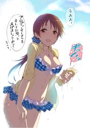 Rule 34 | 10s, 1girl, bikini, bikini skirt, blue bikini, blush, breasts, brown eyes, brown hair, cleavage, commentary request, cowboy shot, frilled bikini, frills, front-tie bikini top, front-tie top, idolmaster, idolmaster cinderella girls, jewelry, kara (color), large breasts, long hair, looking at viewer, navel, necklace, nitta minami, open clothes, open mouth, open shirt, ponytail, scrunchie, shirt, smile, solo, sponge, swimsuit, translation request, wet