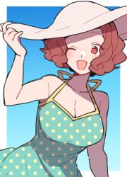 Rule 34 | 1girl, blue background, blush, border, breasts, brown eyes, brown hair, cleavage, collarbone, do m kaeru, dress swimsuit, female focus, forehead, hand on headwear, hat, large breasts, looking at viewer, matching hair/eyes, official alternate costume, okumura haru, one eye closed, open mouth, outside border, persona, persona 5, polka dot, polka dot swimsuit, short hair, simple background, smile, solo, sun hat, swimsuit, white border, white hat, wink