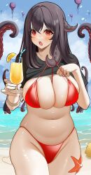 Rule 34 | 1girl, absurdres, azur lane, beach, bikini, black hair, blue sky, breasts, clothes lift, cup, drinking glass, drinking straw, food, fruit, groin, heart, highres, juice, large breasts, lifted by self, lime (fruit), lime slice, manjuu (azur lane), navel, ocean, open mouth, pulled by self, red bikini, red eyes, royal fortune (azur lane), royal fortune (eyes on the prize) (azur lane), shirt lift, sky, solo, starfish, stomach, strap pull, swimsuit, tentacle hair, tentacles, yomare
