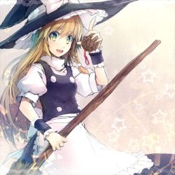 Rule 34 | 1girl, apron, blonde hair, bow, braid, broom, buttons, eho (icbm), female focus, green eyes, hat, hat bow, kirisame marisa, long hair, mini-hakkero, multicolored eyes, open mouth, puffy sleeves, short sleeves, side braid, single braid, skirt, skirt set, smile, solo, star (symbol), touhou, very long hair, witch hat, wrist cuffs, yellow eyes