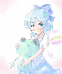 Rule 34 | 1girl, blue dress, blue eyes, blue hair, cirno, dress, embodiment of scarlet devil, female focus, frog, holding, ice, ice wings, looking at viewer, matching hair/eyes, ogu, puffy short sleeves, puffy sleeves, short sleeves, simple background, solo, stuffed animal, stuffed frog, stuffed toy, touhou, white background, wings