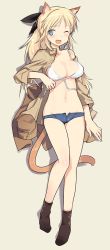 Rule 34 | 1girl, animal ears, bikini, bikini top only, blonde hair, blue eyes, blush, breasts, cleavage, fang, katharine ohare, large breasts, legs, lingerie, long hair, lying, one eye closed, open mouth, shimada fumikane, short shorts, shorts, smile, solo, strike witches, strike witches: suomus misfits squadron, swimsuit, tail, underwear, white bikini, wink, world witches series