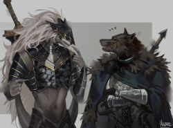 Rule 34 | 2boys, absurdres, armor, blaidd the half-wolf, blue cape, breastplate, cape, crossed arms, elden ring, furry, furry male, gauntlets, height difference, helmet, highres, male focus, maliketh the black blade, midriff, multiple boys, navel, notice lines, open mouth, pointing, pointing at self, signature, visor (armor), weapon, weapon on back, wide-eyed, yen (yenyenyen19)