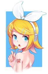 Rule 34 | 1girl, absurdres, back, blonde hair, blue eyes, body writing, bow, candy, chupa chups, flat chest, food, hair bow, hair ornament, hairclip, headphones, headset, highres, holding, holding candy, holding food, holding lollipop, kagamine rin, lollipop, looking back, mr.thunderigor, nude, number tattoo, open mouth, revision, short hair, shoulder blades, shoulder tattoo, skinny, solo, swept bangs, tattoo, turning head, upper body, vocaloid, white bow
