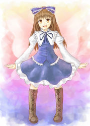 Rule 34 | 1girl, boots, bow, brown eyes, brown hair, cross-laced footwear, hair bow, highres, long hair, long sleeves, open mouth, ribbon, shirt, shone, skirt, smile, solo, star sapphire, touhou, vest, wings