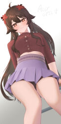 Rule 34 | 1girl, absurdres, bare legs, blush, brown hair, buttons, chair, chinese commentary, closed mouth, commentary, facing viewer, flower, flower-shaped pupils, from below, genshin impact, gradient background, hair flower, hair ornament, highres, hnbsgy, hu tao (genshin impact), long hair, long sleeves, looking at viewer, midriff peek, pleated skirt, purple skirt, red eyes, red shirt, shirt, simple background, sitting, skirt, smile, solo, symbol-shaped pupils, thighs, twintails