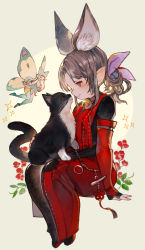 Rule 34 | 2girls, ^ ^, animal, animal ear fluff, animal on lap, arms at sides, asymmetrical legwear, asymmetrical pants, bell, black cat, black footwear, black pants, black shirt, bow, brown hair, butterfly wings, cat, cat on lap, closed eyes, commentary, commission, eos (ff14), extra ears, eyeshadow, fairy, final fantasy, final fantasy xiv, flower, flower knot, flying, from side, full body, hair bow, highres, insect wings, jacket, jingle bell, kemomin nosuke, lalafell, leaf, long sleeves, looking at animal, low ponytail, makeup, medium hair, multiple girls, neck bell, on lap, open mouth, pants, parted bangs, pointy ears, red eyes, red eyeshadow, red flower, red jacket, red pants, scholar (final fantasy), shirt, simple background, sitting, skeb commission, sleeveless, sleeveless jacket, smile, solo focus, sparkle, tassel, warrior of light (ff14), wings, yellow background