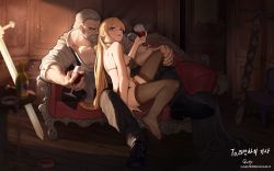 Rule 34 | 1boy, 1girl, absurdres, alcohol, beard, black bra, black footwear, black panties, blonde hair, blue eyes, bottle, bra, breasts, chair, coat, unworn coat, collar, commission, couch, cup, drinking glass, facial hair, goofy (goldgoofy357), grey hair, hetero, highres, holding, holding cup, indoors, leash, lingerie, long hair, looking at another, muscular, muscular male, no shoes, open clothes, open shirt, original, panties, pants, parted lips, pectorals, ponytail, scar, scar on face, shirt, shoes, signature, sitting, sleeves rolled up, smile, soles, sword, thighhighs, underwear, very long hair, weapon, wine, wine glass