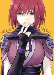 Rule 34 | 1girl, breasts, closed mouth, fishnets, green eyes, grel (r6hgvu5), knife, looking at viewer, medium breasts, nel zelpher, ninja, red hair, scarf, short hair, simple background, solo, star ocean, star ocean till the end of time, tattoo