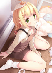 1girl, ahoge, bangs, blonde hair, blunt bangs, blush, braid, braided ponytail, brown skirt, brown vest, collared shirt, commentary request, eyebrows visible through hair, from above, green eyes, hair ribbon, indoors, komone ushio, long sleeves, looking at viewer, looking up, miniskirt, no shoes, object on head, original, panties, panties on head, panties removed, red ribbon, ribbon, shirt, sidelocks, sitting, skirt, sleeves folded up, socks, solo, underwear, vest, wariza, white legwear, white shirt, wooden floor