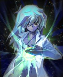 Rule 34 | 1boy, bakura ryou, black background, chromatic aberration, commentary request, expressionless, glowing jewelry, grey eyes, hair between eyes, hair over one eye, highres, jewelry, long bangs, long hair, long sleeves, looking at viewer, male focus, millennium ring, necklace, open clothes, open shirt, parted lips, rainbow, saltedfishxuan, shirt, solo, upper body, white hair, white shirt, yu-gi-oh!, yu-gi-oh! duel monsters