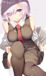 Rule 34 | 1girl, :d, absurdres, arm support, bare shoulders, between breasts, black dress, black thighhighs, blush, breasts, collared dress, commentary request, dress, eyes visible through hair, fate/grand order, fate (series), flying sweatdrops, grey background, grey jacket, hair over one eye, highres, hood, hood down, hooded jacket, jacket, kura ekaki, large breasts, long sleeves, looking at viewer, mash kyrielight, necktie, necktie between breasts, off shoulder, open mouth, pink hair, purple eyes, red necktie, sleeveless, sleeveless dress, smile, solo, thighhighs, thighhighs pull, two-tone background, undressing, white background