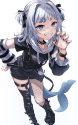 Rule 34 | 1girl, absurdres, alternate costume, alternate hair ornament, asymmetrical clothes, black collar, black footwear, black nails, black ribbon, black wristband, bloop (gawr gura), blue eyes, blue hair, boots, buckle, chain, collar, collarbone, commentary, detached sleeves, eto sister, fins, fish tail, fishnets, gawr gura, goth fashion, grin, hair intakes, hair ribbon, hand on own hip, highres, hololive, hololive english, jewelry, knee boots, leaning forward, long hair, looking at viewer, nail polish, necklace, platform boots, platform footwear, ribbon, shark, shark girl, shark tail, sharp teeth, silver hair, simple background, single thighhigh, smile, solo, tail, teeth, thighhighs, thighs, torn clothes, torn thighhighs, two side up, virtual youtuber, white background