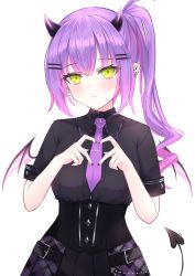 Rule 34 | 1girl, absurdres, black nails, black shirt, blush, closed mouth, collared shirt, demon girl, demon horns, demon tail, demon wings, ear piercing, green eyes, hair ornament, hairclip, heart, heart hands, heckler kai, highres, hololive, horns, long hair, looking at viewer, multicolored hair, nail polish, necktie, piercing, pink hair, pointy ears, purple hair, purple necktie, shirt, short sleeves, side ponytail, simple background, solo, tail, tail ornament, tail piercing, tokoyami towa, two-tone hair, upper body, virtual youtuber, white background, wings