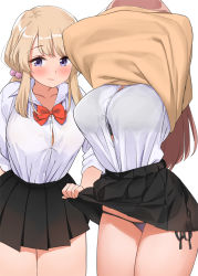 Rule 34 | 2girls, arm behind back, arms up, assisted exposure, black bra, black panties, black skirt, blonde hair, blush, bow, bowtie, bra, bra visible through clothes, breasts, brown hair, button gap, clothes lift, collar, hair bobbles, hair ornament, huge breasts, kaisen chuui, lifting another&#039;s clothes, long hair, miniskirt, multiple girls, original, panties, pleated skirt, red bow, red neckwear, see-through, shirt, side-tie panties, side-tie peek, sidelocks, simple background, skirt, skirt lift, underwear, undressing, upskirt, very long hair, white background, white shirt, wing collar