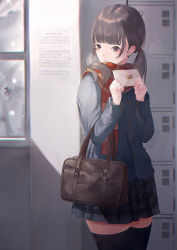 Rule 34 | 1girl, bad id, bad pixiv id, bag, black thighhighs, blue jacket, blush, breath, brown eyes, brown hair, closed mouth, commentary request, envelope, fringe trim, grey skirt, hands up, highres, holding, holding envelope, indoors, jacket, locker, long hair, low twintails, original, plaid, plaid scarf, plaid skirt, pleated skirt, red scarf, scarf, school bag, school uniform, shii (kairi-t-k0317), skirt, snowing, solo, standing, thighhighs, twintails