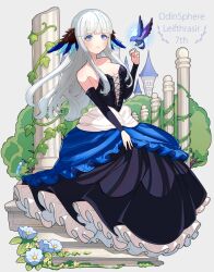 Rule 34 | 1girl, anniversary, bird, black bridal gauntlets, blue eyes, blush, breasts, bridal gauntlets, broken pillar, castle, cleavage, collarbone, colored eyelashes, dress, english text, feathers, flower, gwendolyn (odin sphere), head wings, ich., long hair, looking at viewer, odin sphere, simple background, sitting, small breasts, smile, solo, stone pillar, tree, white flower, white hair, wings