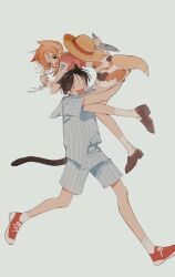Rule 34 | 1boy, 1girl, alternate costume, animal, animal ears, black hair, blush, brown footwear, carrying, carrying person, cat ears, cat tail, closed eyes, facial scar, fang, fish, hat, highres, holding, holding animal, holding fish, miniskirt, monkey d. luffy, nami (one piece), numata (oioioioiai), one piece, open mouth, orange hair, red footwear, scar, scar on cheek, scar on face, shirt, short hair, short sleeves, shorts, shoulder tattoo, simple background, skin fang, skirt, smile, socks, straw hat, striped clothes, striped shirt, striped shorts, tail, tattoo, unworn headwear, vertical-striped clothes, vertical-striped shirt, vertical-striped shorts, white socks
