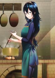 Rule 34 | 1girl, ameno (a meno0), apron, blue apron, blue eyes, blue hair, blue sweater, closed mouth, cooking, fire, fire emblem, fire emblem awakening, hair between eyes, highres, holding, holding ladle, indoors, kitchen, ladle, lips, long hair, looking at viewer, low-tied long hair, lucina (fire emblem), nintendo, pink lips, pot, ribbed sweater, sleeves rolled up, smile, solo, steam, sunlight, sweater, symbol-shaped pupils, tiara, turtleneck, turtleneck sweater