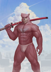 Rule 34 | 1boy, abs, animal ears, bakemono no ko, bara, bare pectorals, bear boy, bear ears, beard, brown fur, brown hair, bulge, chest hair, cloud, cloudy sky, facial hair, feet out of frame, fundoshi, furry, furry male, highres, japanese clothes, kumatetsu, large pectorals, loincloth, male focus, male underwear, manly, muscular, navel, nipples, over shoulder, pectorals, red eyes, short hair, sky, solo, sword, sword over shoulder, thick eyebrows, thick thighs, thighs, underwear, underwear only, vian, weapon, weapon over shoulder, white male underwear