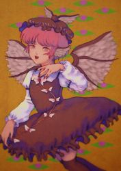 Rule 34 | 1girl, absurdres, animal ears, bird ears, bird wings, brown dress, brown headwear, brown thighhighs, dress, feet out of frame, fingernails, frilled dress, frilled sleeves, frills, highres, juliet sleeves, long fingernails, long sleeves, mystia lorelei, nail polish, open mouth, pink eyes, pink hair, pink nails, puffy sleeves, sharp fingernails, short hair, solo, thighhighs, touhou, white wings, winged hat, wings, zero nana