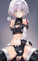 Rule 34 | 1girl, ?, arm belt, bandaged arm, bandages, bare shoulders, black gloves, black panties, black thighhighs, blush, breasts, cleavage cutout, clothing cutout, crop top, facial scar, fate/apocrypha, fate (series), fingerless gloves, gloves, gradient background, green eyes, grey background, hair between eyes, highres, jack the ripper (fate/apocrypha), looking at viewer, lowleg, lowleg panties, navel, open mouth, panties, scar, scar across eye, scar on cheek, scar on face, short hair, shoulder tattoo, single glove, small breasts, solo, spoken question mark, taishi (picchiridou), tattoo, thighhighs, underwear, white hair