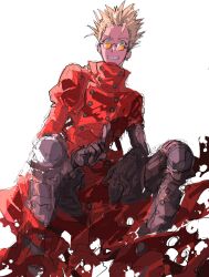 Rule 34 | 1boy, absurdres, black gloves, blonde hair, boots, coat, decided 218, gloves, green eyes, happy, highres, invisible chair, male focus, red coat, simple background, sitting, smile, solo, teeth, trigun, v, vash the stampede, white background