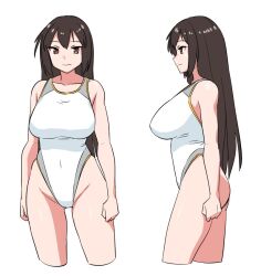 Rule 34 | 1girl, black hair, breasts, brown eyes, competition swimsuit, cropped legs, kantai collection, large breasts, long hair, looking at viewer, multiple views, nagato (kancolle), one-piece swimsuit, simple background, swimsuit, tamu (mad works), white background, white one-piece swimsuit