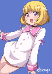 Rule 34 | 1girl, :d, artist name, blonde hair, blue background, blue eyes, blunt bangs, blush, bob cut, chicago-x, child, digimon, digimon universe: appli monsters, dress, eyebrows, kashiki ai, long sleeves, looking at viewer, open mouth, purple background, purple eyes, shiny skin, simple background, smile, solo