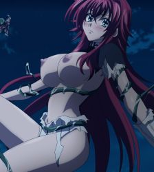 Rule 34 | 10s, 1girl, blue eyes, blush, breasts, female focus, high school dxd, highres, large breasts, long hair, night, nipples, outdoors, red hair, rias gremory, sky, solo, tentacles, torn clothes