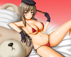 Rule 34 | 10s, 1girl, :&lt;, absurdres, abukobato, arm support, bare arms, bare shoulders, bed sheet, beret, bikini, black gloves, black hat, black ribbon, boko (girls und panzer), breasts, brown eyes, brown hair, cameltoe, cleavage, collarbone, covered erect nipples, folded fan, folding fan, girls und panzer, gloves, gradient background, groin, hair ribbon, hand fan, hat, highres, holding, holding fan, knee up, large breasts, leaning back, long hair, looking at viewer, low-tied long hair, mature female, micro bikini, navel, oversized object, red background, ribbon, shimada chiyo, sitting, solo, stomach, strap gap, stuffed animal, stuffed toy, swimsuit, teddy bear, thighs, tsurime, very long hair