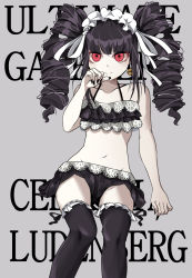 Rule 34 | 1girl, bare arms, bare shoulders, bikini, black bikini, black nails, black thighhighs, celestia ludenberg, character name, collarbone, danganronpa: trigger happy havoc, danganronpa (series), drill hair, earrings, feet out of frame, gothic lolita, grey background, groin, hand up, jewelry, lolita fashion, n0 image, nail polish, navel, red eyes, simple background, solo, stomach, swimsuit, thighhighs, twin drills, twintails