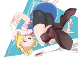 Rule 34 | 1girl, algodoo, alice margatroid, arrow (symbol), ass, bent over, bike shorts, black shorts, blonde hair, blue dress, boots, brown footwear, capelet, closed eyes, commentary request, cookie (touhou), cross-laced footwear, dress, frilled dress, frilled sash, frilled sleeves, frills, full body, hairband, highres, ichigo (cookie), kanno (kan save), open mouth, puffy short sleeves, puffy sleeves, red hairband, red sash, sash, shirt, short sleeves, shorts, smile, solo, touhou, white capelet, white shirt