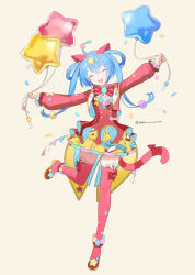 Rule 34 | 1girl, ^ ^, animal ears, arms up, balloon, blue hair, blue nails, bow, bow legwear, bowtie, cat ears, cat tail, closed eyes, clothing cutout, colorful, confetti, dress, fangs, fingernails, flat chest, foot up, full body, gold trim, hair ornament, hair rings, happy, hatsune miku, head tilt, heiwa (murasiho), high heels, highres, jacket, laughing, long hair, long sleeves, nail polish, open mouth, pleated skirt, pom pom (clothes), pom pom hair ornament, project sekai, puffy long sleeves, puffy sleeves, pumps, red bow, red bowtie, red dress, red footwear, red jacket, red thighhighs, shoes, short dress, simple background, skirt, solo, standing, standing on one leg, star (symbol), star balloon, star cutout, star hair ornament, star print, straight hair, string of flags, striped bow, striped bowtie, striped clothes, tail, tail bow, tail ornament, thighhighs, twintails, twitter username, underbust, vocaloid, wing collar, wonderlands x showtime (project sekai), yellow skirt, zettai ryouiki